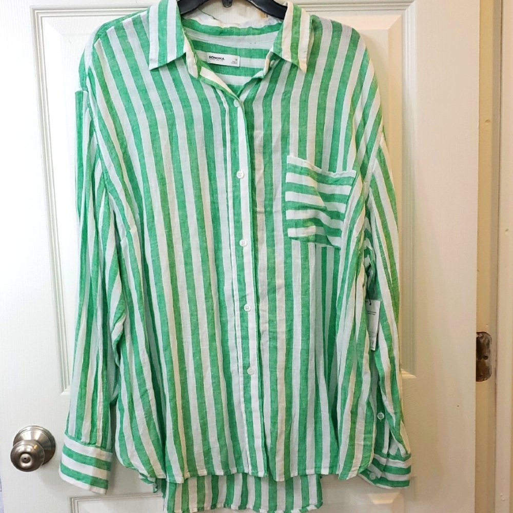 Sonoma Woman's Plus Green and White Striped Shirt 1x NWT